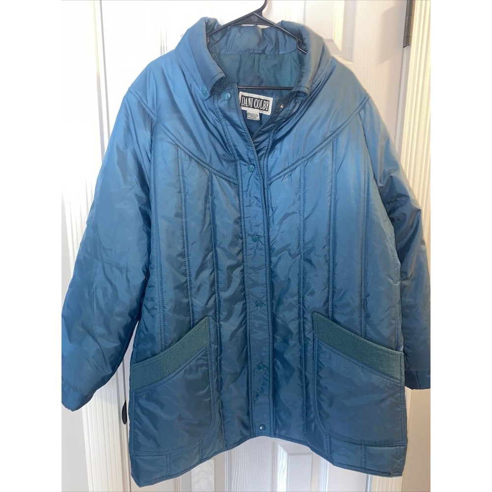DANI COLBY Puffer Jacket Womens Size Large Solid Teal Quilted Nylon Button Up